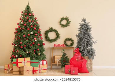 Interior of light room with Santa bag, presents and Christmas trees - Powered by Shutterstock