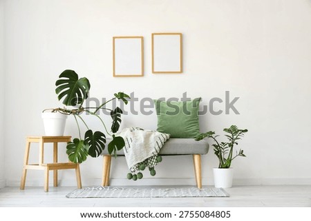 Interior of light room with soft bench, blank frames and plants