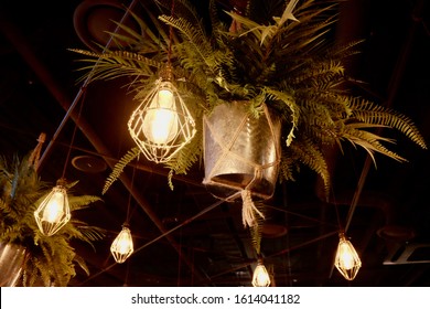 Interior lights with decorations in a cafe.