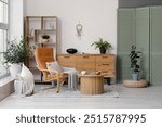 Interior of living room with armchair, glucophone and Tibetan singing bowl