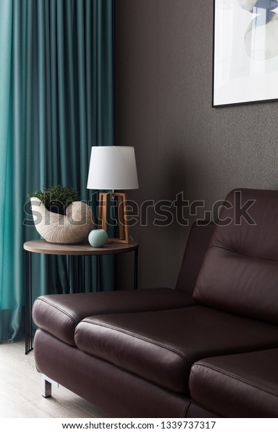 Interior Living Room Brown Leather Couch Stock Photo Edit
