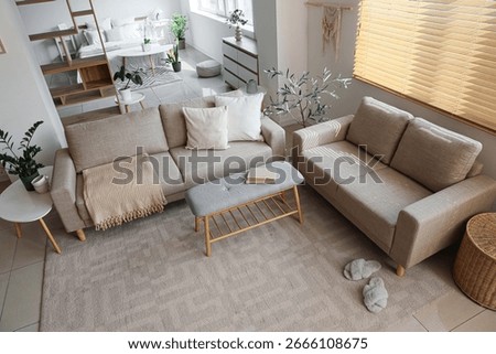 Interior of living room with comfortable sofas and bench