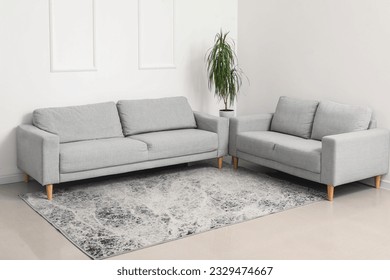 Interior of living room with cozy grey sofas, houseplant and stylish carpet