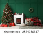 Interior of living room with fireplace, Christmas tree and Advent calendar