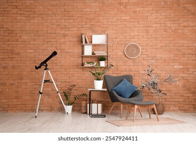 Interior of living room with grey armchair, houseplants and modern telescope - Powered by Shutterstock