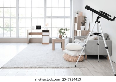 Interior of living room with grey sofa and modern telescope - Powered by Shutterstock