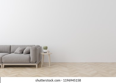 Interior of living room modern style with  fabric sofa, side table and empty white wall on wood floor - Shutterstock ID 1196945158