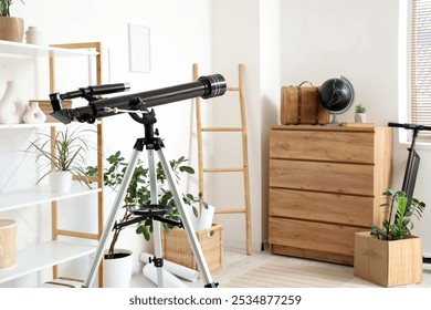 Interior of living room with modern telescope and electric scooter - Powered by Shutterstock