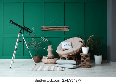 Interior of living room with modern telescope, houseplants and white armchair - Powered by Shutterstock