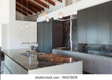 Interior Of A Loft, Kitchen With Marble Counter Top, Modern Design