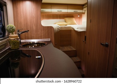 Interior of luxury caravan. Detail photo of coach with equipment.Kitchen - Shutterstock ID 1628960722