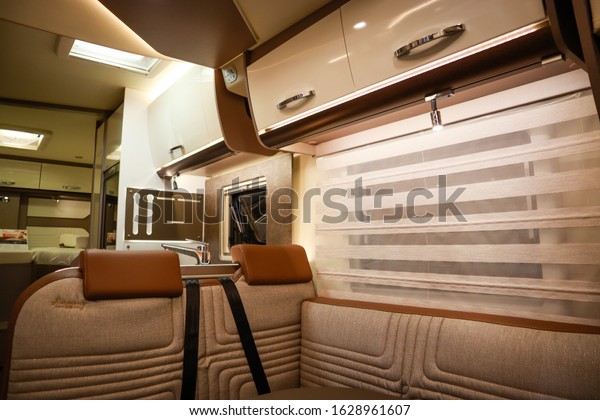 Interior of luxury caravan. Detail photo of
coach with equipment