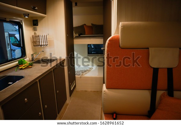 Interior of luxury caravan. Detail photo of\
coach with equipment
