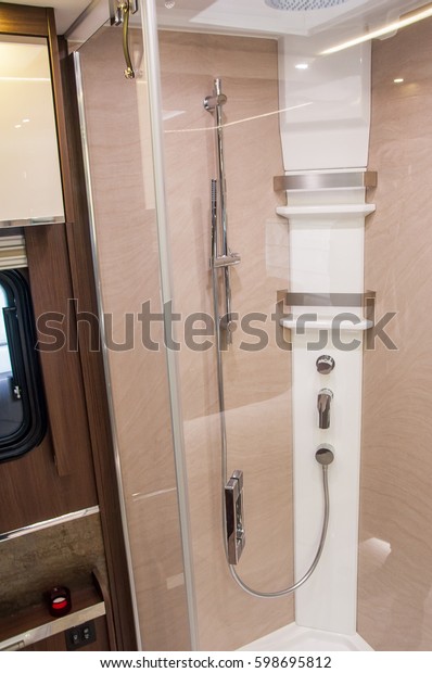 Interior of luxury caravan. Detail photo of
coach with luxury
equipment