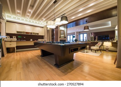 Interior Of A Luxury Living Room With Pool Table 