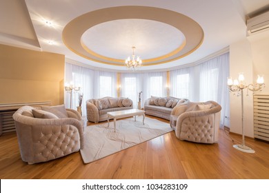 Interior of a luxury living room with round, circle, ceiling