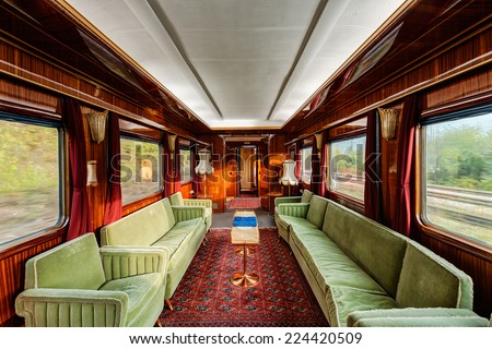 interior of luxury vinitage old train carriage from 1950