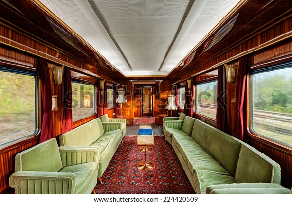interior\
of luxury vinitage old train carriage from\
1950
