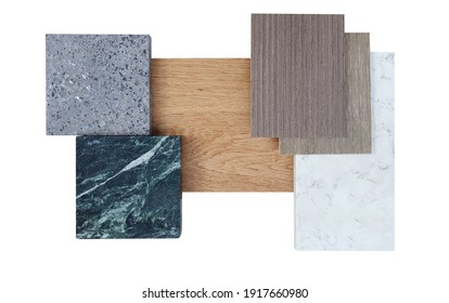 interior material board including douglas fir wooden veneer ,terrazzo stone ,white and green marble tile ,oak wooden engineering or laminated flooring samples isolated on white background. - Shutterstock ID 1917660980