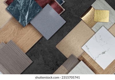 interior material samples combination including wooden veneers, artificial stones, marble stones, velvet drapery, gold metallic laminated, stone tile, gold stainless placed on black stone concrete.