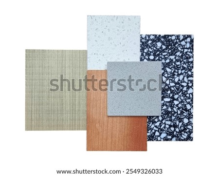 interior material samples mood and tone board contains ash and oak wooden veneer, artificial stone, marble terrazzo stone isolated on background with clipping path. combination of finishing material. 