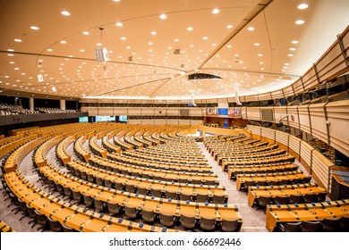 Interior Of The Meeting Room Of The European Parliament In Brussels, Belgium