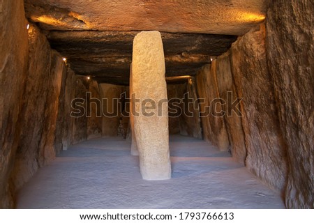 
Interior of the Menga dolmen, view of the central pillar, in Antequera, Malaga