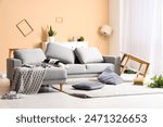 Interior of messy living room with sofa and pillows on carpet