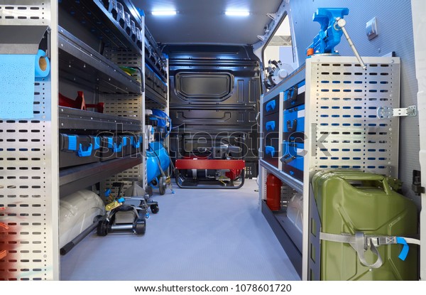 Interior of mobile auto service on the chassis of\
all-metal van