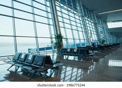 Interior Of Modern Airport At Daytime With No People Inside It.