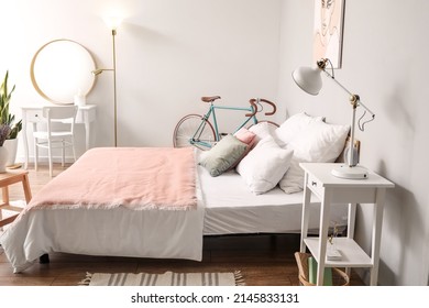 Interior Modern Bedroom Comfortable Bed Bicycle Stock Photo 2145833131   Interior Modern Bedroom Comfortable Bed 260nw 2145833131 