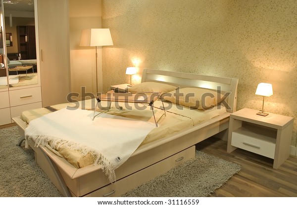 Interior Modern Bedroom Furniture Lamps Warm Stock Photo