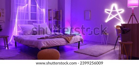 Similar – Image, Stock Photo Modern bedroom with purple accents and city view