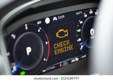 Interior of a modern car and a Check Engine warning light