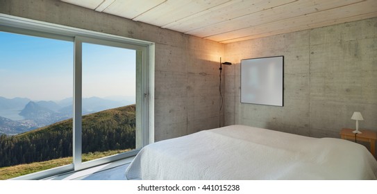 Interior Of A Modern Chalet In Cement, Bedroom