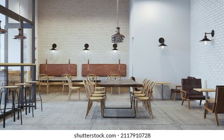 Interior of modern coffee cafe in loft style. 3D illustration - Shutterstock ID 2117910728