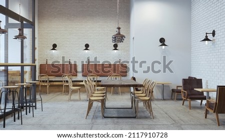 Interior of modern coffee cafe in loft style. 3D illustration
