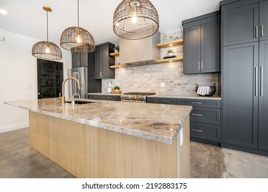 Interior modern and contemporary kitchen with farmhouse style and ocean view - Shutterstock ID 2192883175