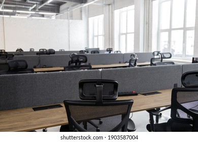 Interior Of Modern Coworking Space Without People, Containing Tables And Chairs.