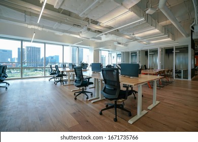 Interior Of Modern Empty Office Building.Open Ceiling Design.