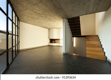 interior modern empty villa, room fireplace