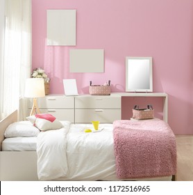 Interior Of Modern Empty Wardrobe Bedroom. On Bright Background, Kids Room Interior.