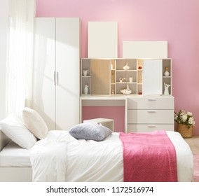 Interior Of Modern Empty Wardrobe Bedroom. On Bright Background, Kids Room Interior.