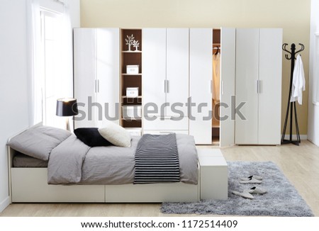 Interior of modern empty wardrobe bedroom.