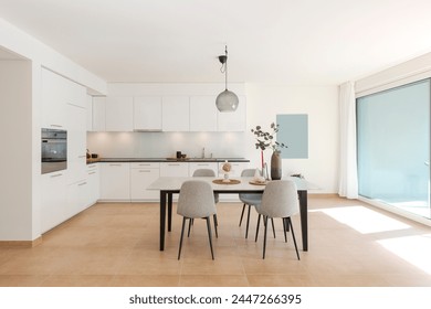 interior of modern furnished flat with open kitchen and large dining room. A table with four chairs and the sun coming in directly from the left.  Green plants provide the decor.  - Powered by Shutterstock