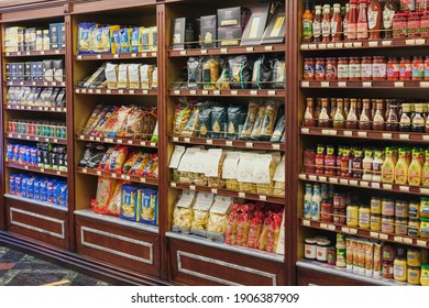 Interior Of Modern Grocery Boutique Store With Vintage Style Wooden Luxury Showcases. Retro Storefronts With Variety Of Groceries Goods. Moscow Russia,Jan 2021