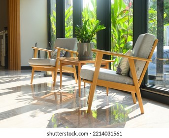 Interior Of A Modern Hotel Lounge Cafe Bar Restaurant With Beautiful Sunlight.