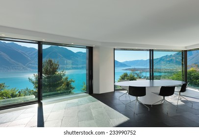 Interior, Modern House, Wide Dining Room With Glass Walls