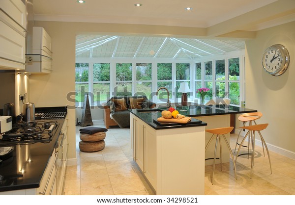 Interior Modern Kitchen Beyond Conservatory Garden Royalty