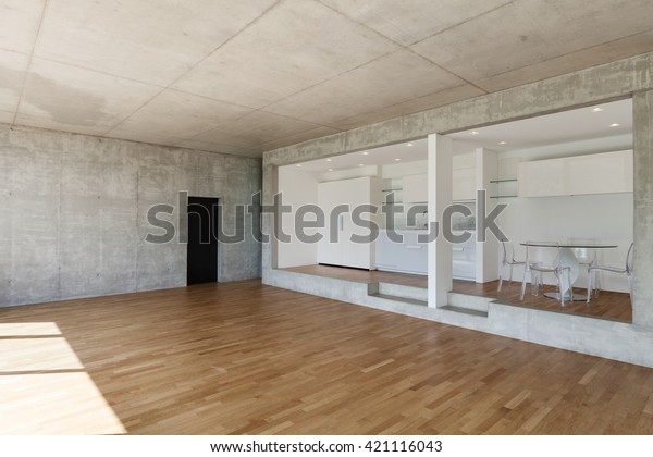 Interior Modern Kitchen Concrete Apartment Parquet Stock Photo